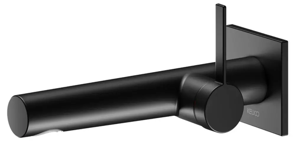 Wandmontierter Wasserhahn in Schwarz von Keuco mit geradem, zylindrischem Auslauf und seitlichem Bedienhebel. Moderne, minimalistische Gestaltung.